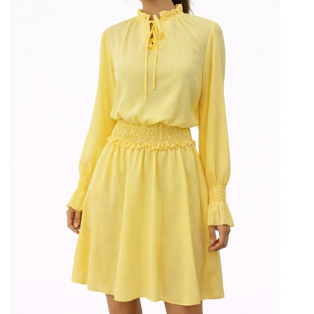 SHEIN Yellow Ruffle Mock Neck Smocked Waist Long Sleeve Mini Dress Size M